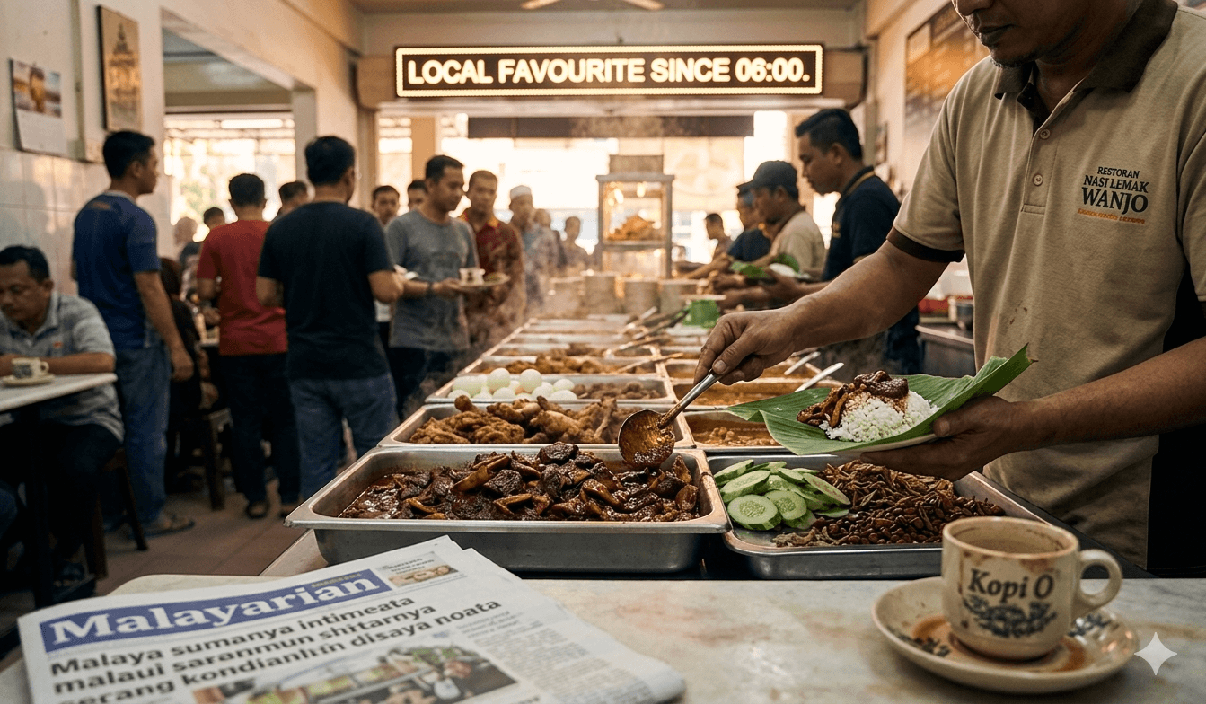 A plate of nasi lemak with sambal sotong and crispy ikan bilis