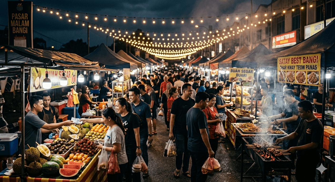 Crowded Bangi night market at dusk, satay smoke and string lights