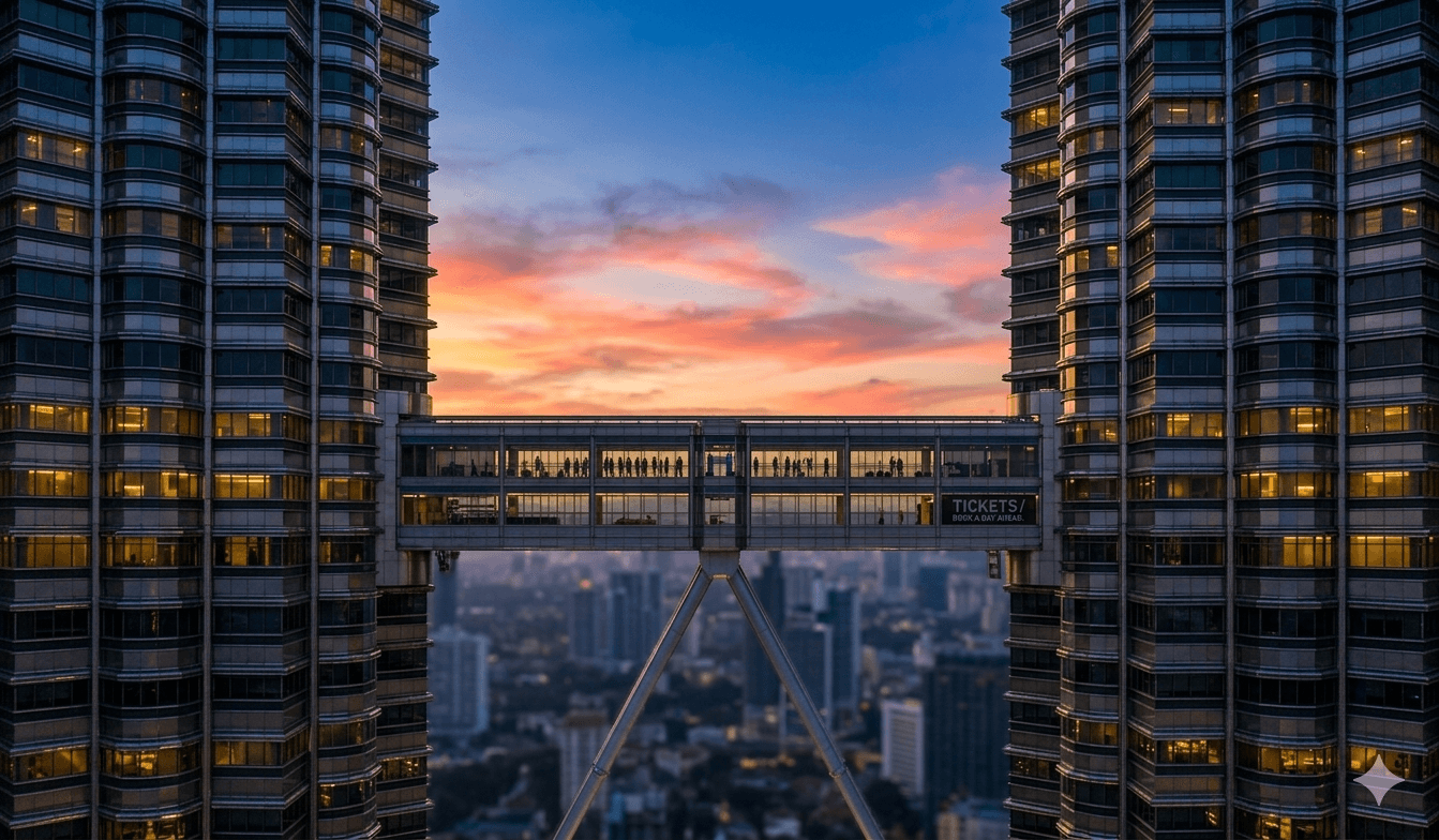 Petronas Twin Towers illuminated against a twilight sky
