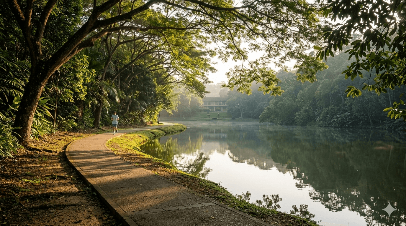 Quiet lake walk on the UKM campus, morning mist on the water