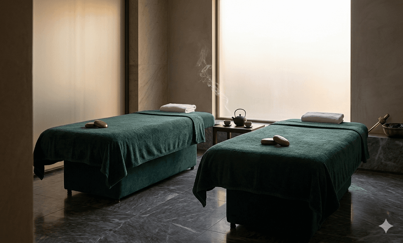 Two side-by-side massage beds in a dim, steamy suite