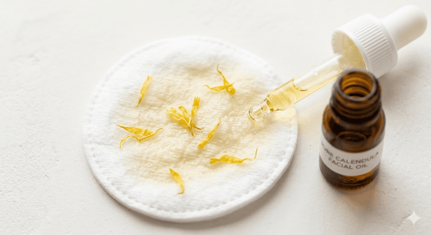 Calendula petals scattered on a cotton pad beside an amber facial oil bottle