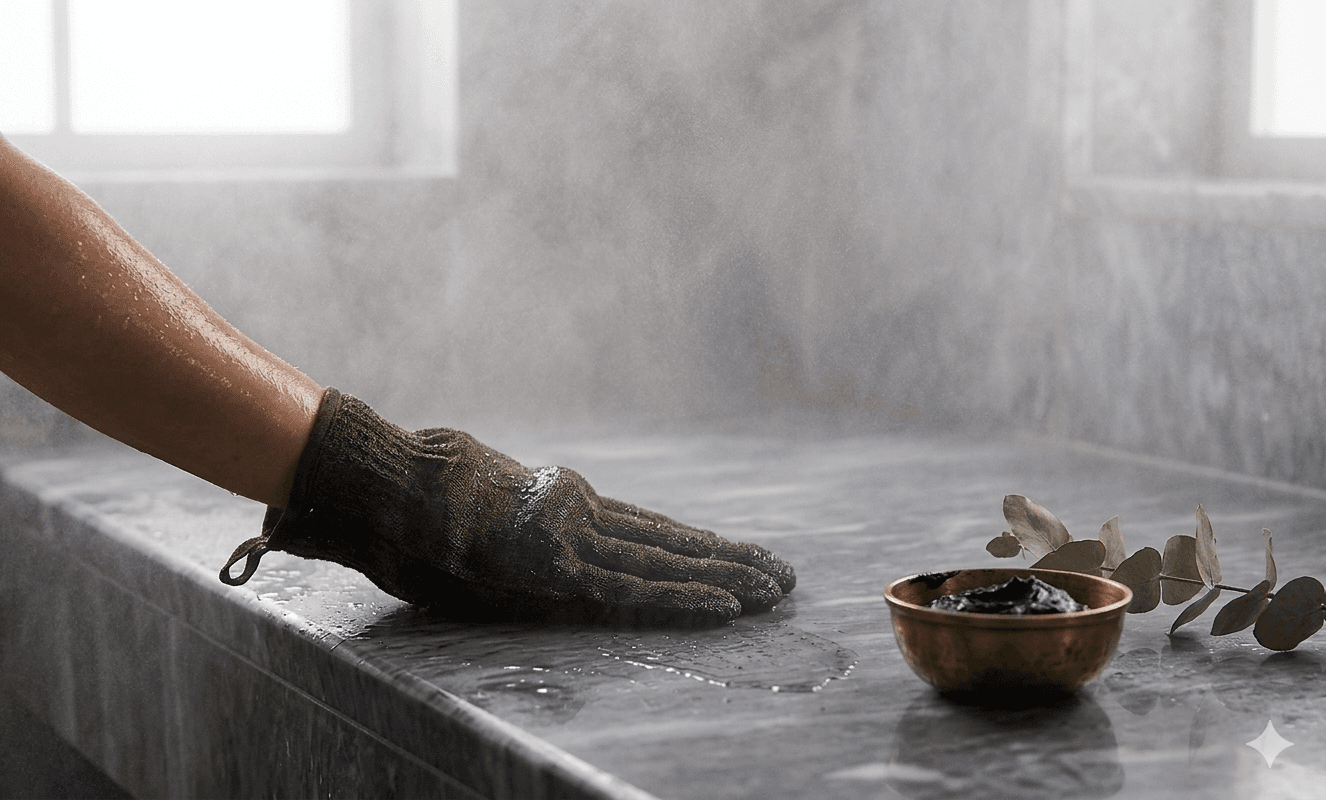A hammam mitt resting on a steaming marble slab
