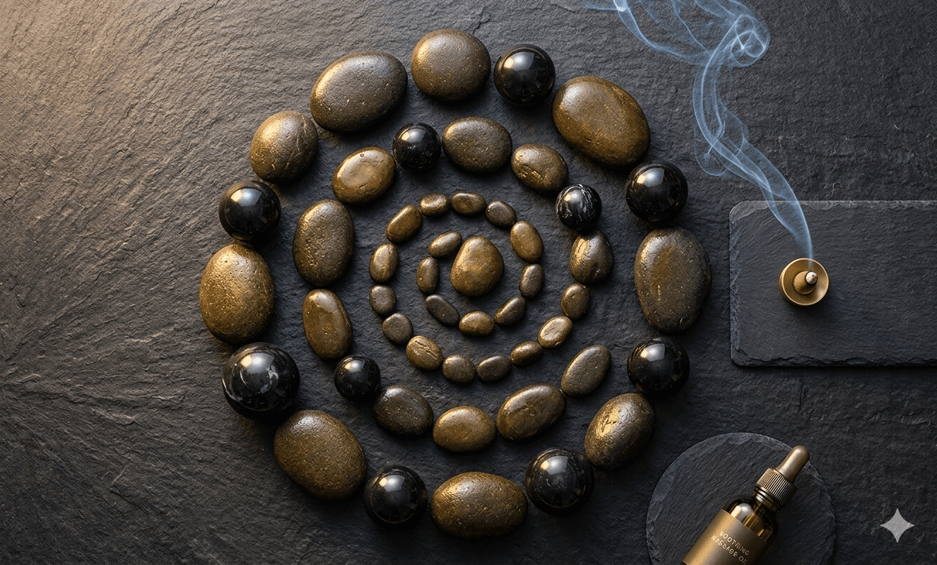 Polished basalt stones arranged in a spiral on slate