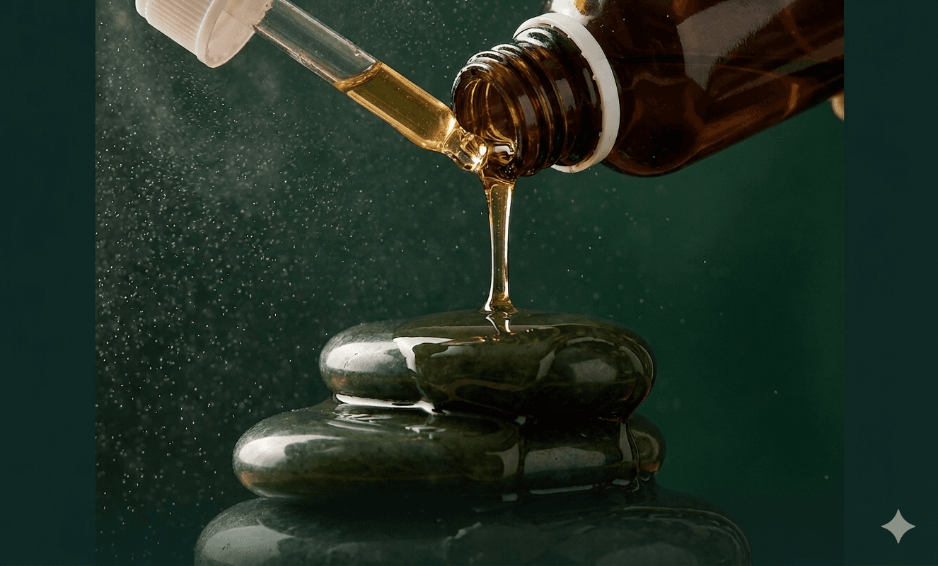 Warm massage oil drizzling onto polished green stones